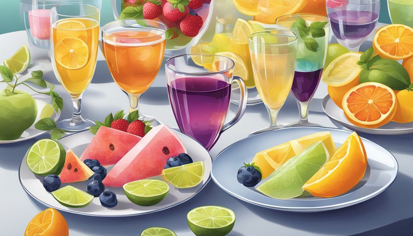 A table set with a variety of colorful and enticing beverages, including water, tea, and natural fruit-infused drinks, alongside a balanced dinner plate