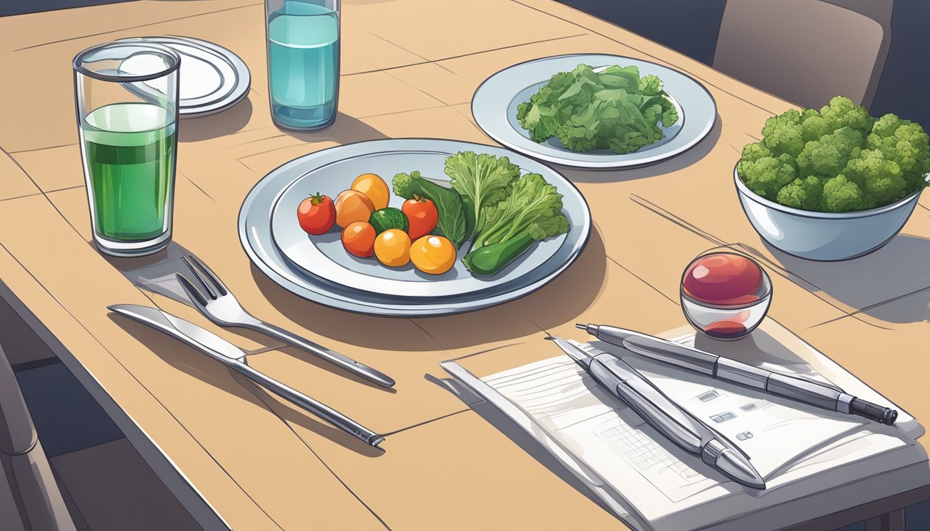 A dinner table with a balanced meal, a plate of vegetables, a glass of water, and a blood sugar monitoring device on the table