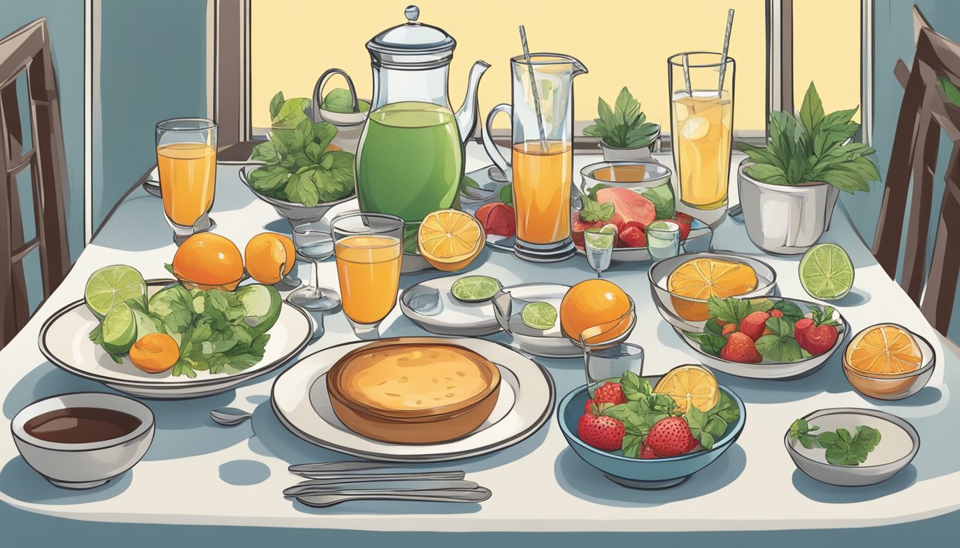 A table set with a variety of beverages, including water, herbal tea, and low-sugar fruit juice, next to a plate of balanced dinner options