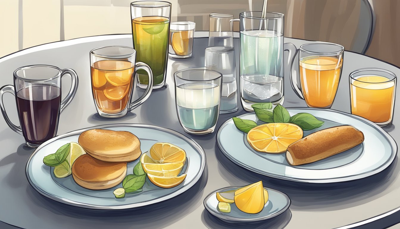 A table with a variety of beverages, including water, tea, and sugar-free options, set next to a dinner plate