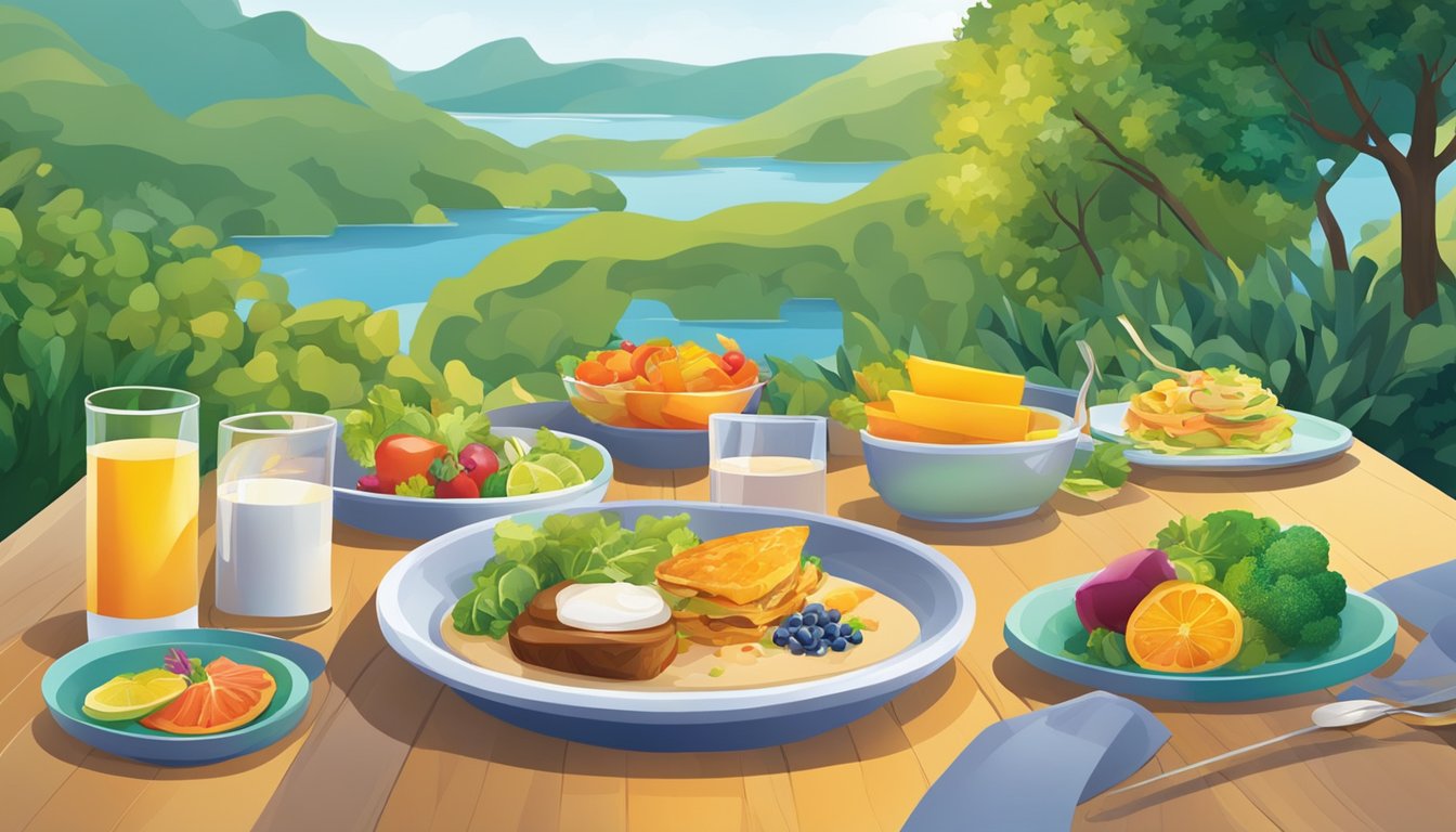 A table set with a colorful, balanced meal surrounded by serene, natural surroundings