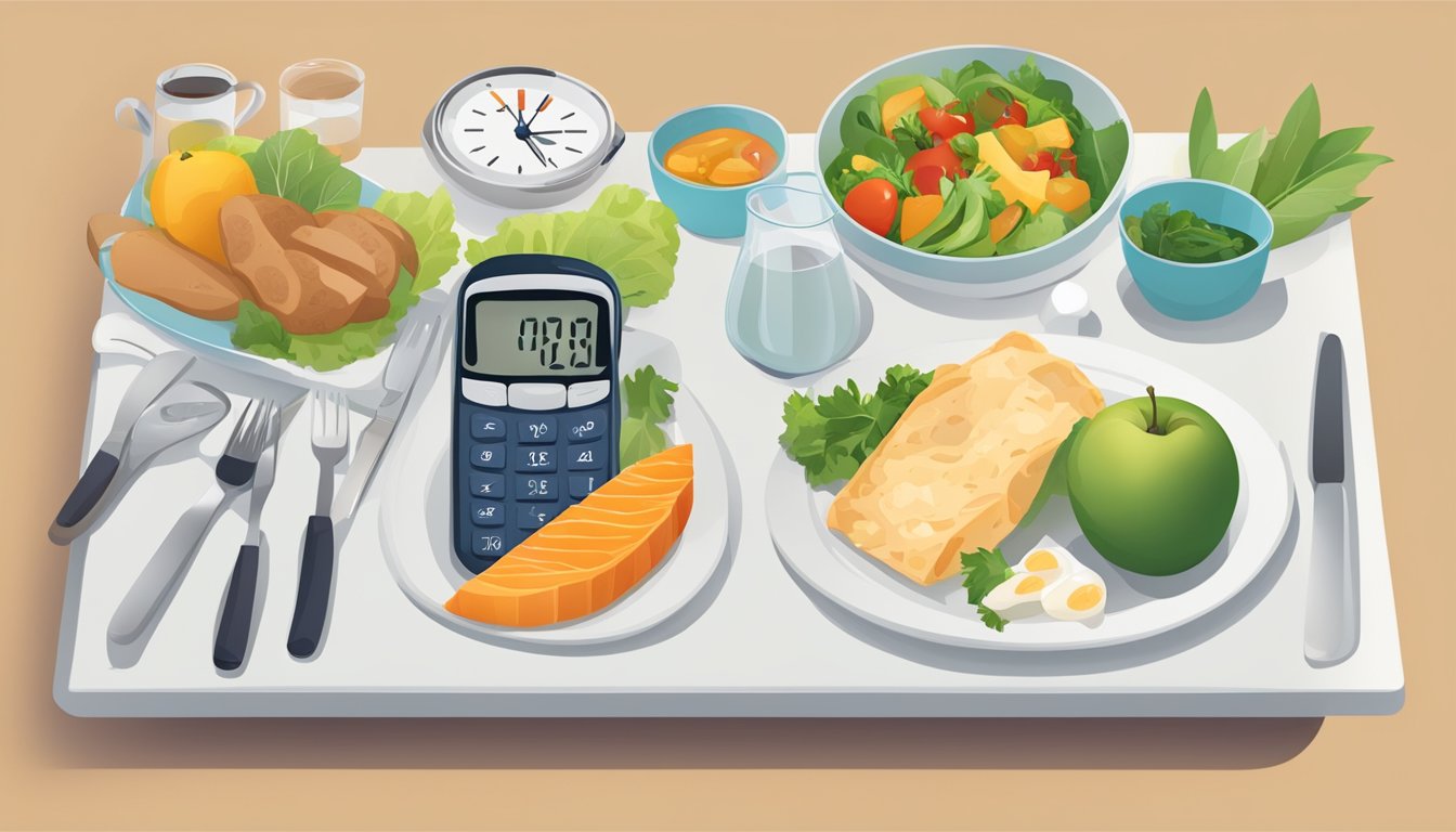 A table set with a balanced meal, a clock showing the optimal dinner hours, and various diabetes management tools laid out on the table