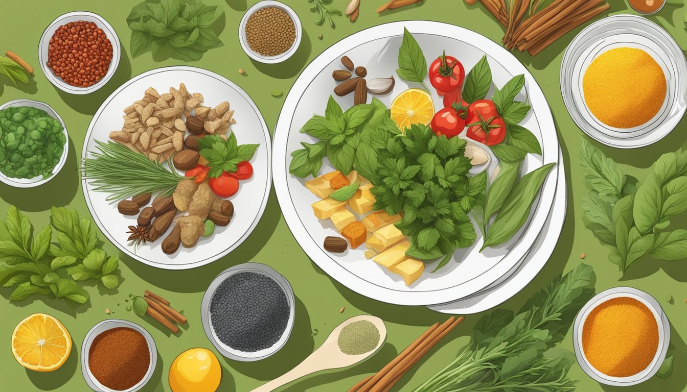 A colorful dinner table with an array of herbs and spices scattered around dishes of food, emphasizing the role of natural ingredients in stabilizing blood sugar levels