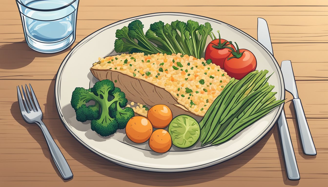 A dinner plate with balanced portions of lean protein, non-starchy vegetables, and whole grains, alongside a glass of water