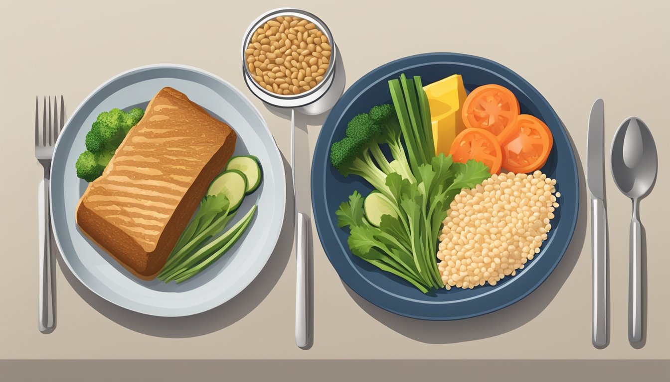 A neatly arranged dinner plate with a balanced meal of protein, vegetables, and whole grains, accompanied by a glass of water