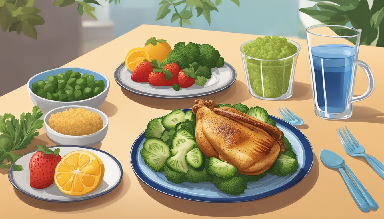 A table set with a balanced meal: grilled chicken, steamed vegetables, and a side of quinoa. A glass of water and a plate of fresh fruit complete the scene