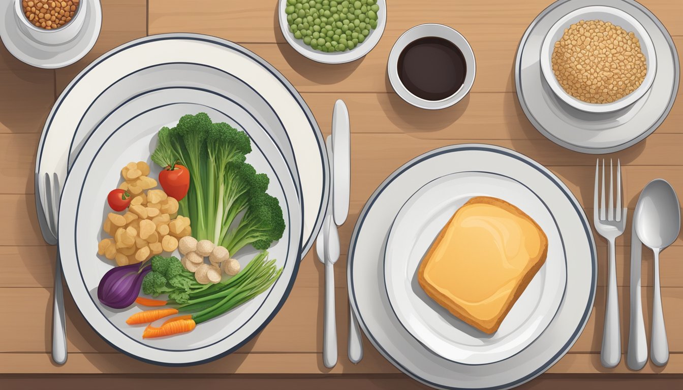 A neatly arranged table setting with a balanced meal portioned out on a plate, including a protein, vegetables, and a small serving of whole grains