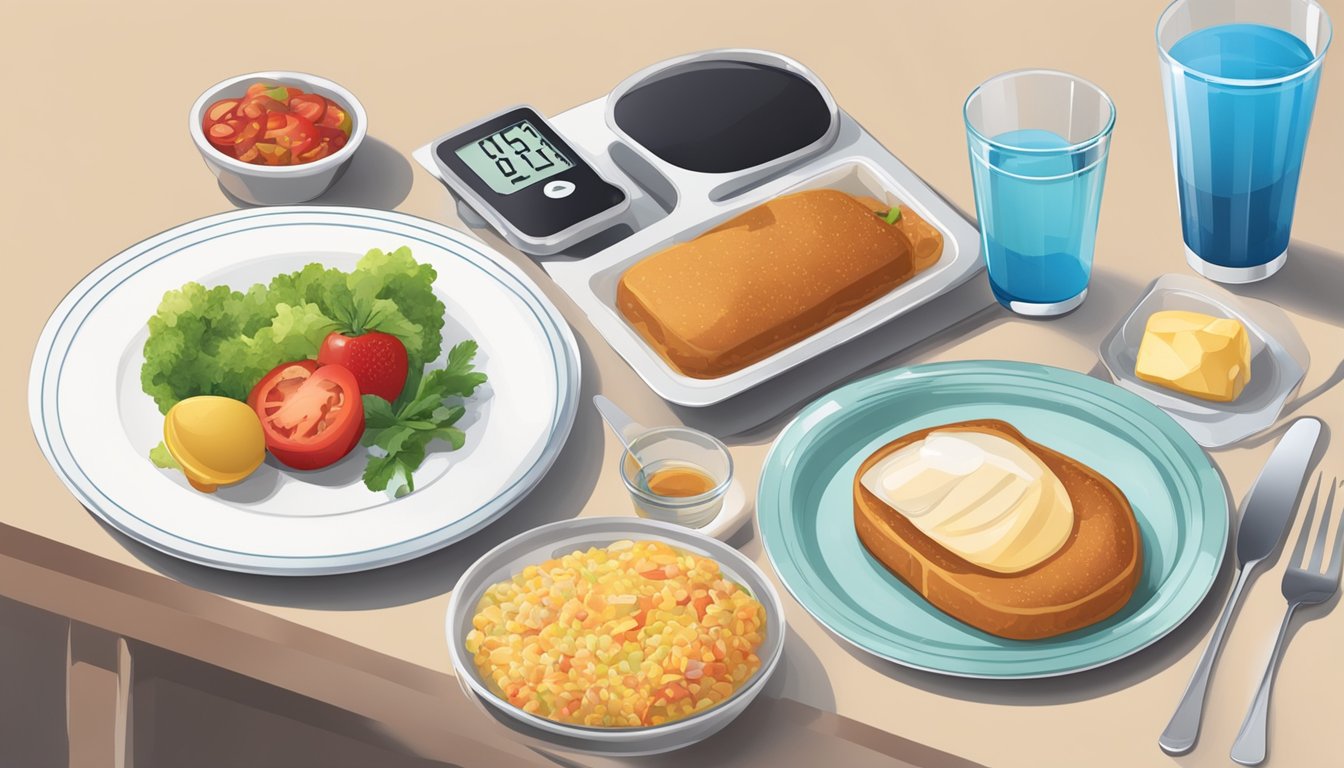 A table set with a perfectly portioned meal, including a balanced plate of food, a glass of water, and a blood sugar monitoring device nearby