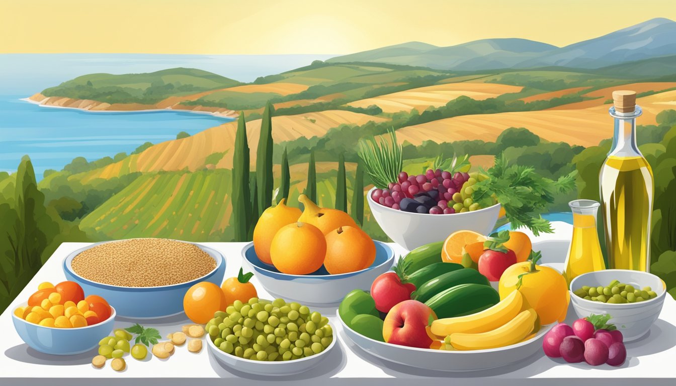 A table set with colorful fruits, vegetables, fish, olive oil, and whole grains, surrounded by a sunny Mediterranean landscape