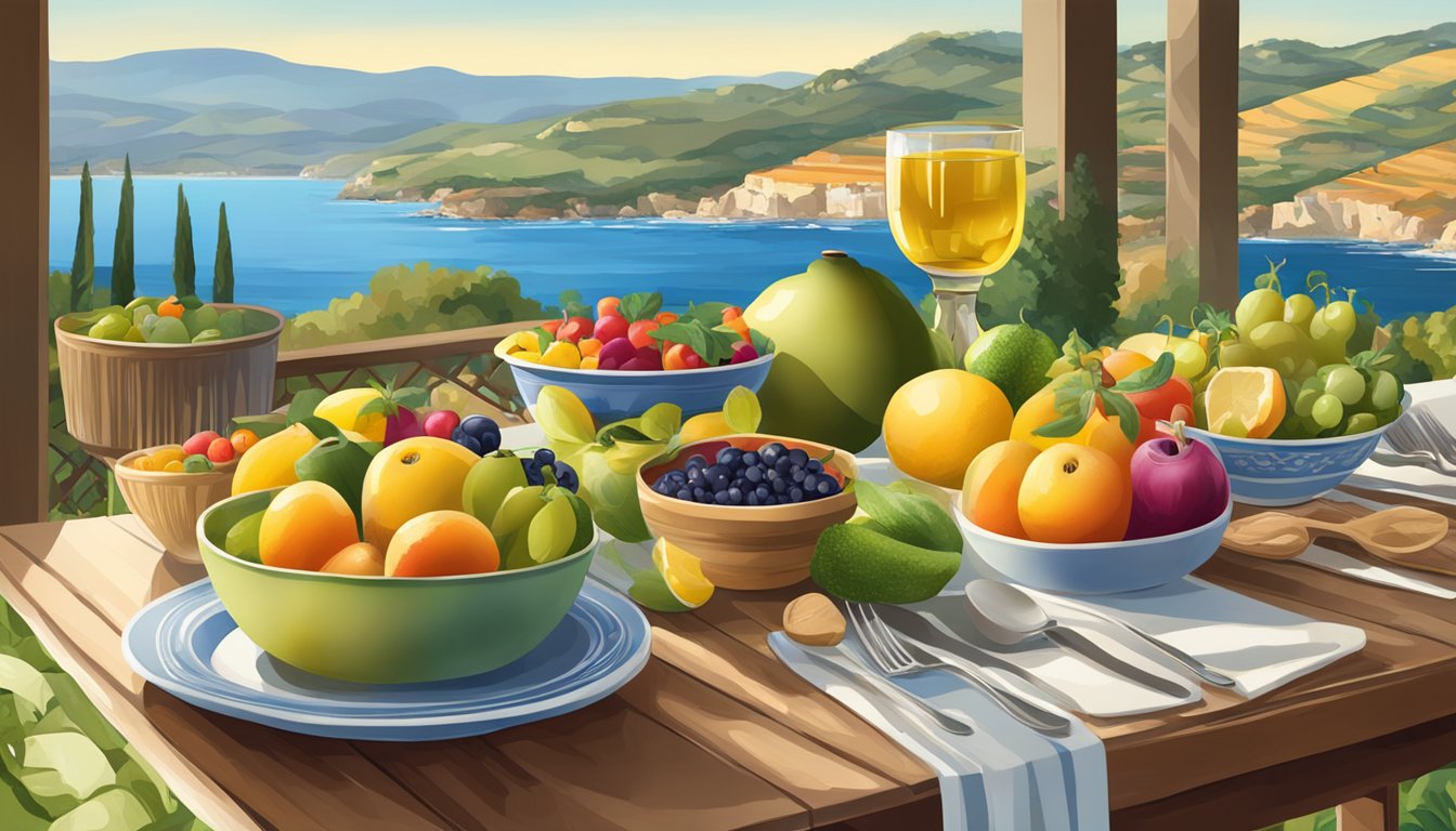 A Mediterranean-inspired table setting with colorful fruits, vegetables, whole grains, and olive oil. A serene outdoor setting with a view of the sea or rolling hills