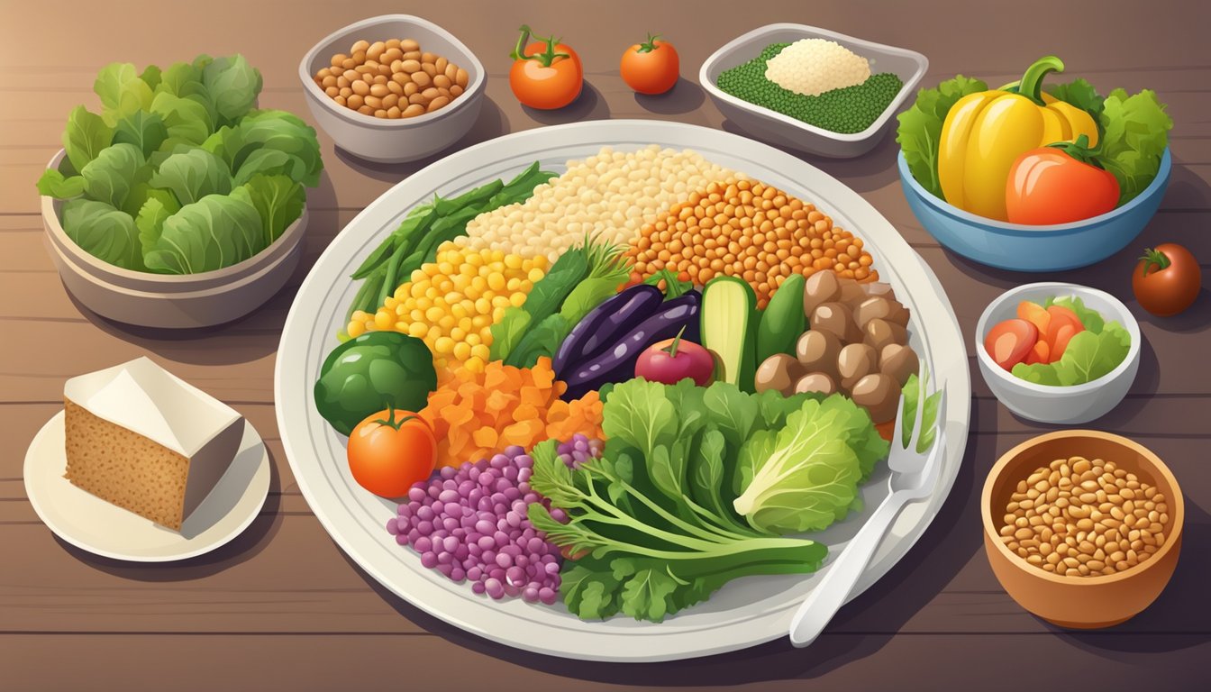 A colorful dinner plate with a variety of high-fiber foods such as vegetables, whole grains, and legumes arranged in an appealing and appetizing manner