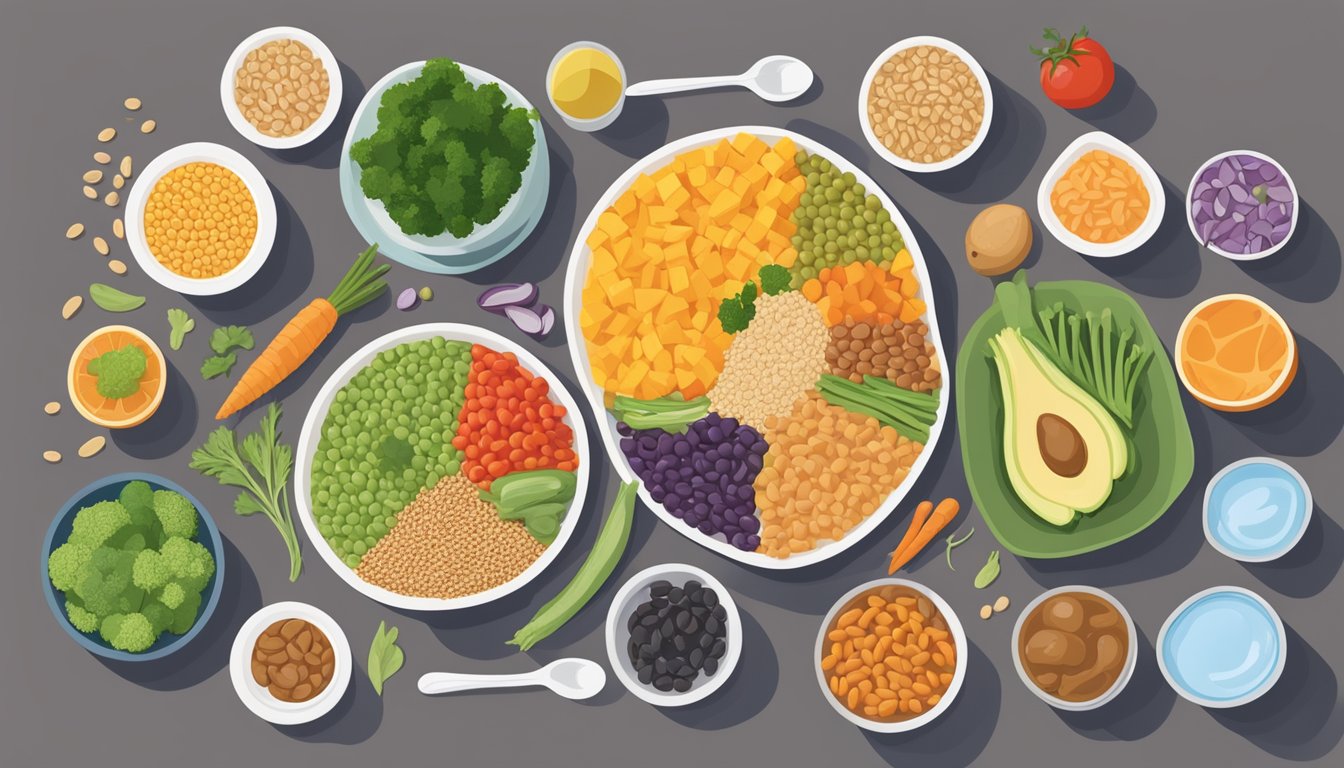 A colorful array of fiber-rich foods arranged on a dinner plate, including vegetables, whole grains, and legumes, with a glass of water on the side