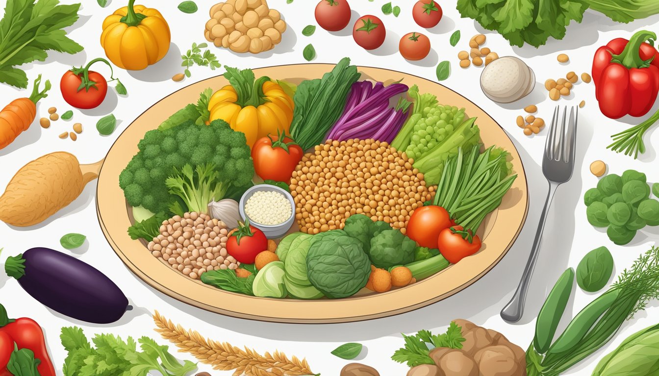 A colorful dinner plate filled with fiber-rich foods like vegetables, whole grains, and legumes, surrounded by a variety of fresh produce and herbs