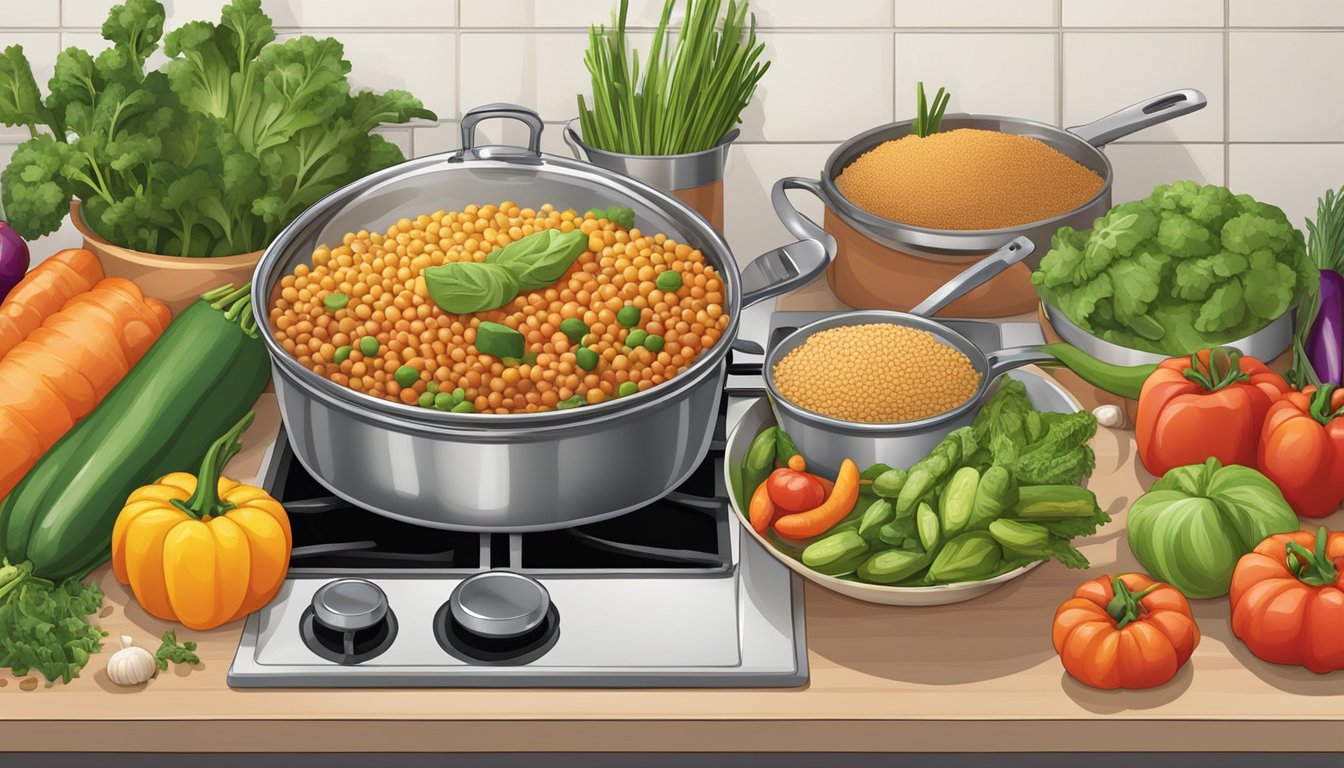 A colorful array of fresh vegetables, grains, and legumes arranged on a kitchen counter, with pots and pans simmering on the stove