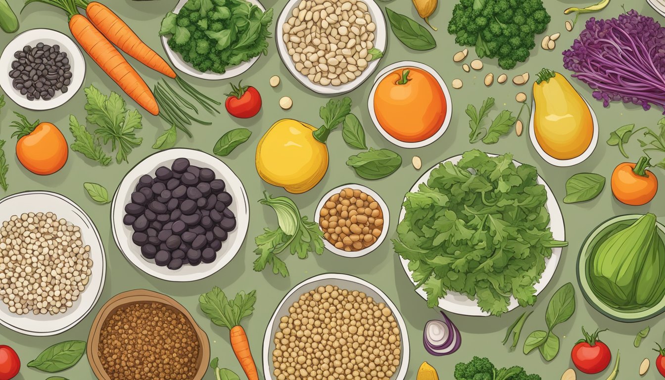 A colorful array of plant-based meal components and garnishes, including fresh vegetables, legumes, grains, and herbs, arranged on a table