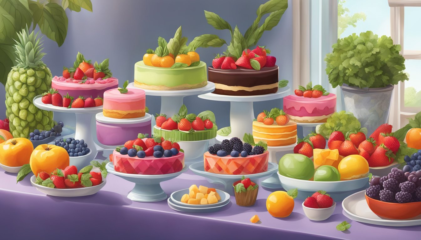 A table set with an array of colorful plant-based desserts and sweet treats, surrounded by fresh fruits and vegetables, creating a vibrant and inviting display