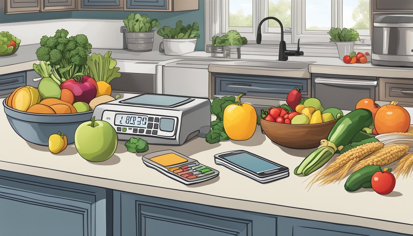 A kitchen counter with colorful fruits, vegetables, and whole grains, alongside a blood sugar monitor and a cookbook open to a page on diabetes-friendly meal prep