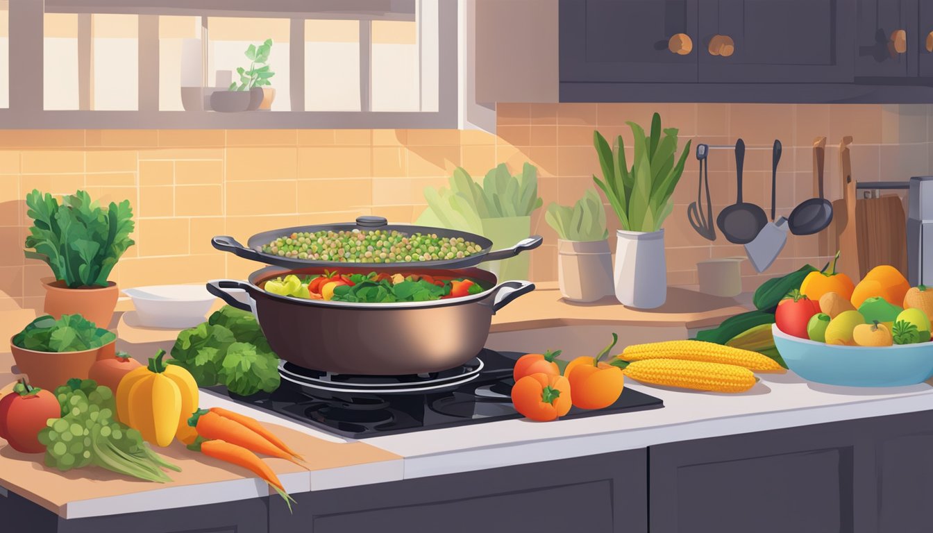 A vibrant kitchen counter with an array of colorful fruits, vegetables, and whole grains. A pot simmering on the stove filled with hearty plant-based stew