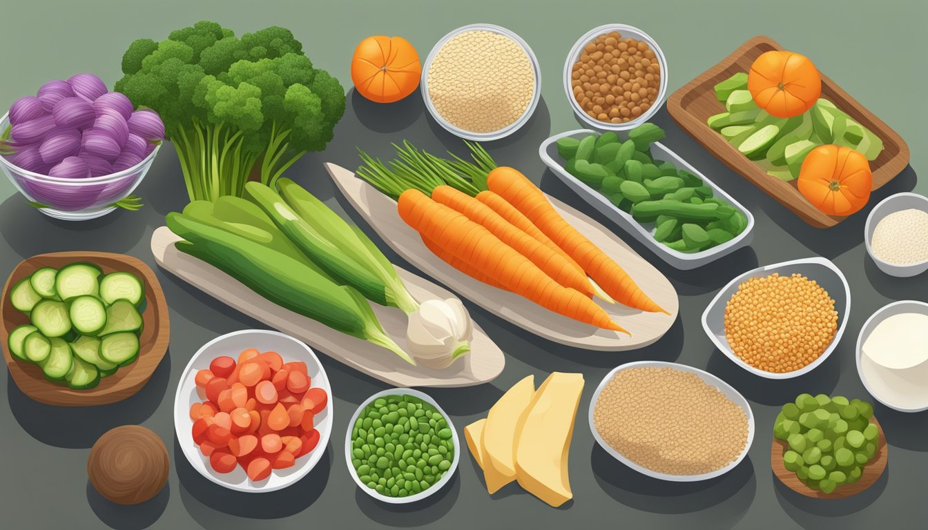 A colorful array of fresh vegetables, lean proteins, and whole grains arranged on a clean, organized kitchen counter