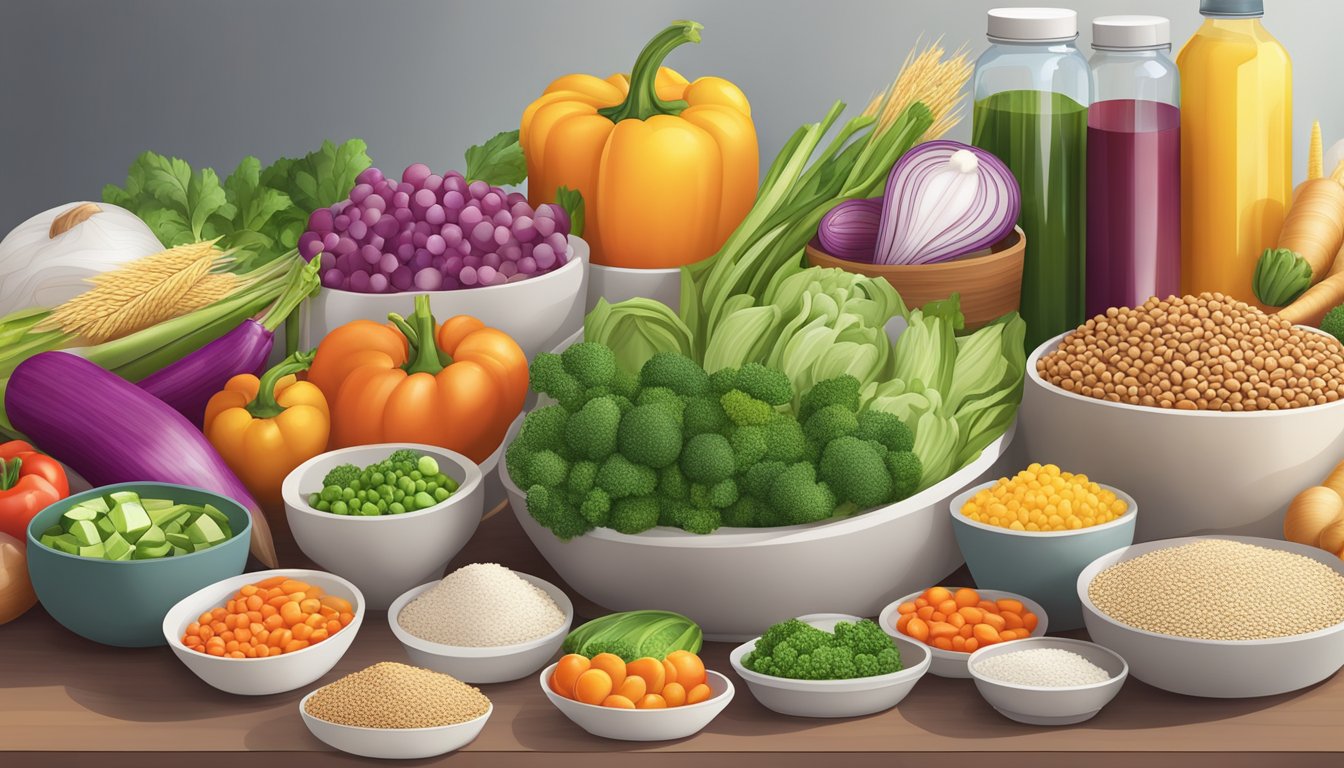 A colorful array of fresh vegetables, lean proteins, and whole grains arranged on a clean, organized kitchen counter