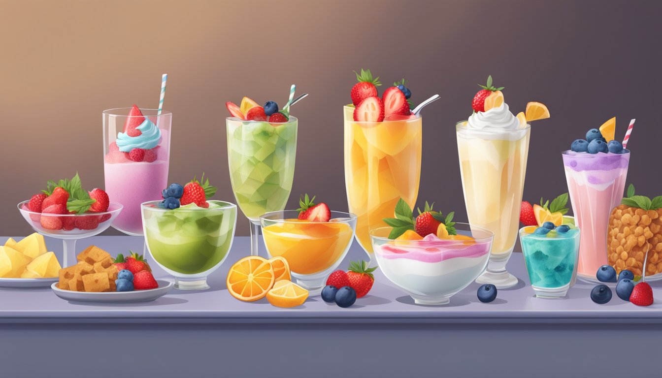 A table set with a variety of colorful and delicious-looking dessert options, including fruit, yogurt parfaits, and sugar-free treats