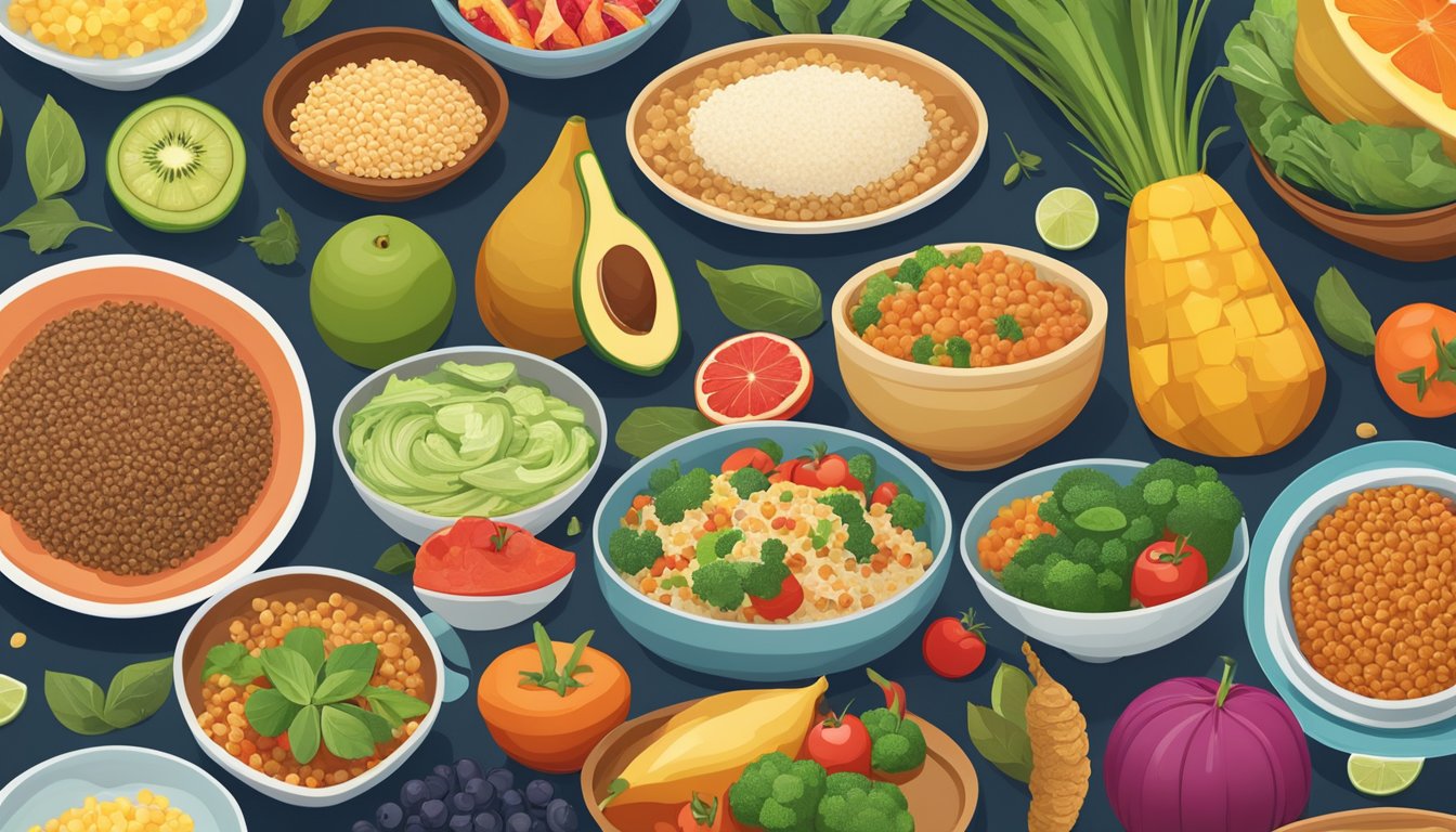 A colorful spread of diverse global dishes, including vibrant fruits, vegetables, and grains, arranged on a table with a focus on healthy, blood sugar-friendly ingredients