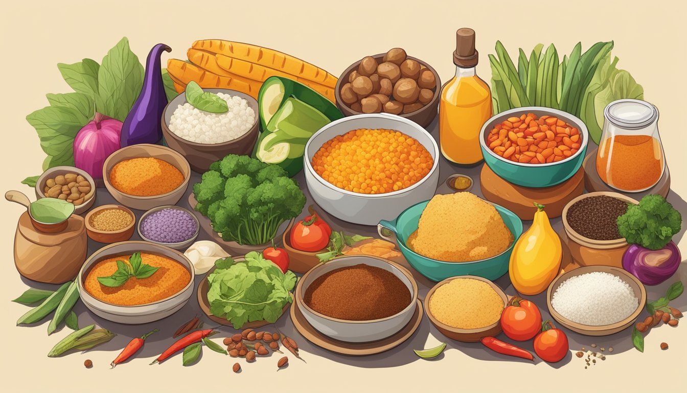 A colorful array of global foods arranged on a table, with ingredients and spices surrounding them, representing the adaptation of ethnic cuisines for blood sugar management