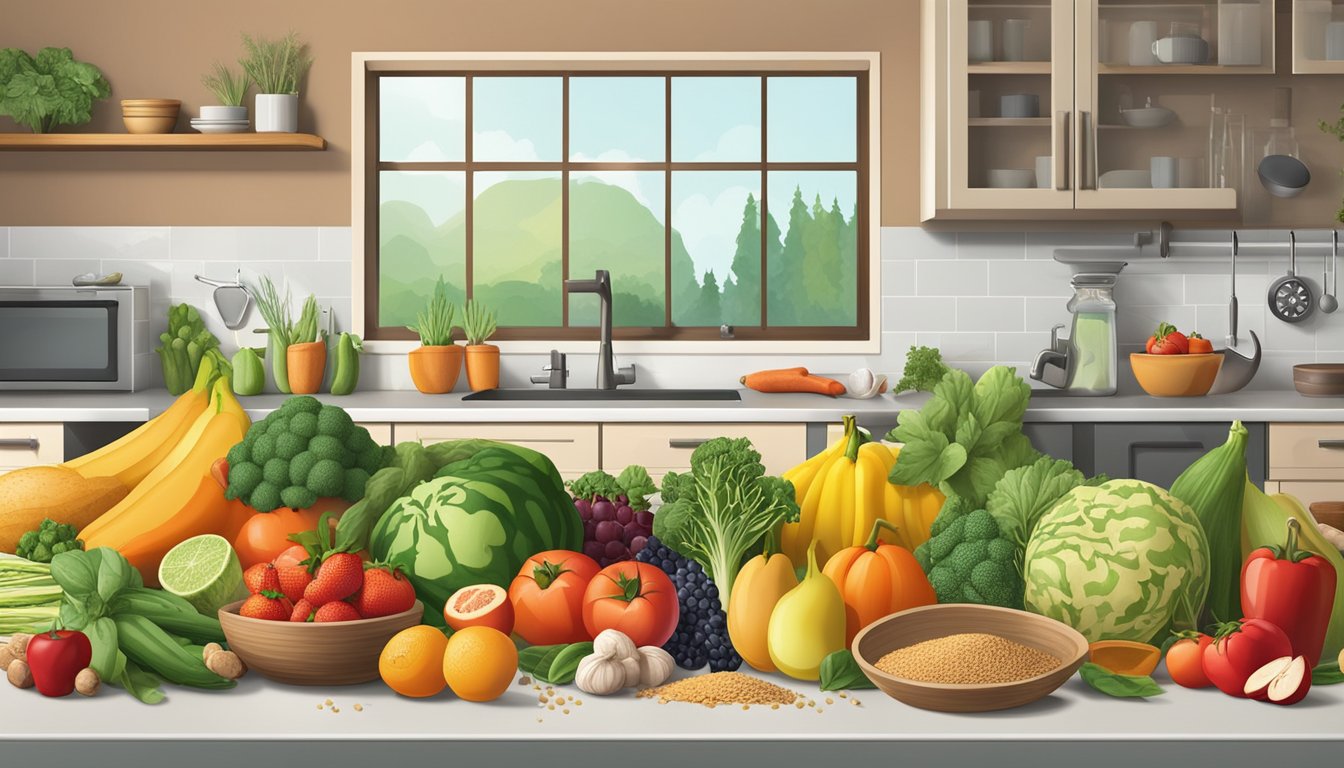 A colorful array of fresh fruits, vegetables, and whole grains arranged on a kitchen counter, with a variety of herbs and spices in the background