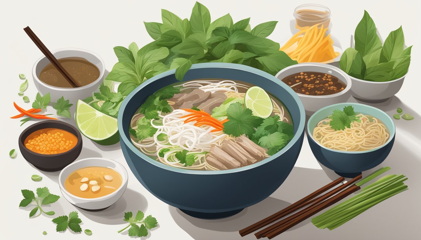 A steaming bowl of pho with lean protein, fresh herbs, and low-carb noodles, surrounded by traditional Vietnamese spices and ingredients