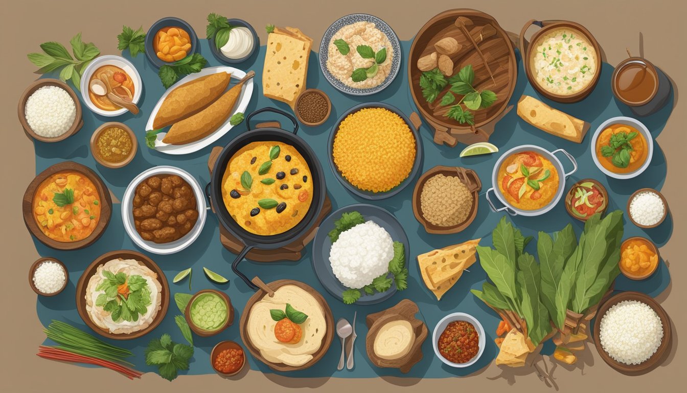 A diverse array of traditional global foods arranged on a table, surrounded by cooking utensils and ingredients