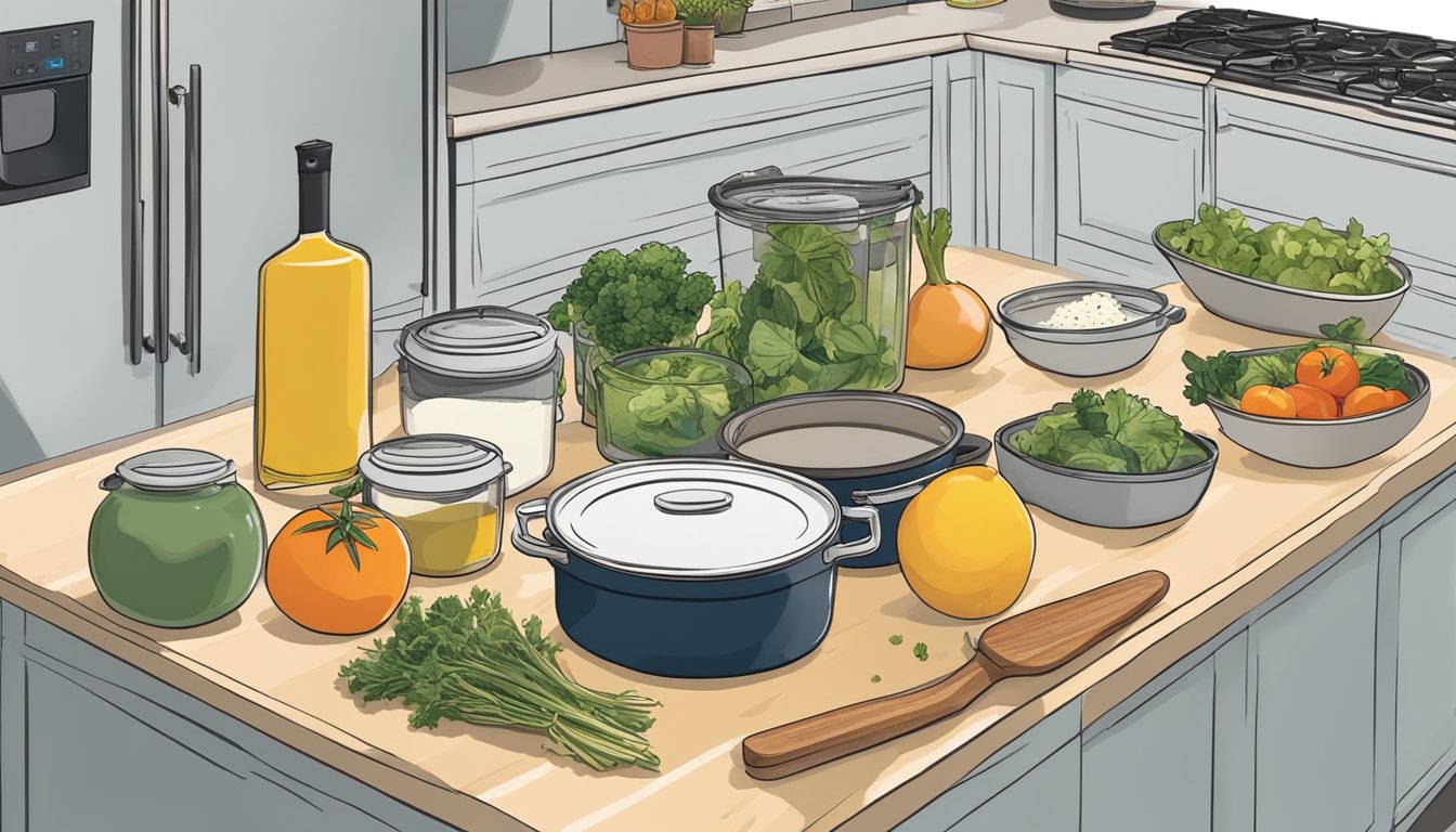 A kitchen counter with various prepped ingredients, pots, and pans for batch cooking freezer-friendly meals