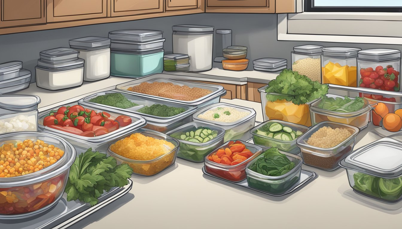 A kitchen counter with various prepped ingredients, labeled containers, and a freezer filled with neatly organized meal portions