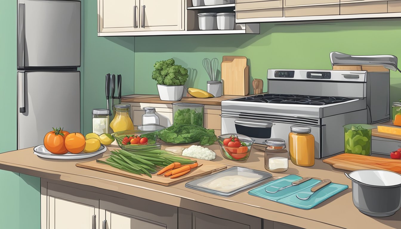 A kitchen counter with various fresh ingredients, cutting boards, knives, and cooking utensils. A freezer stocked with labeled containers of prepared meals