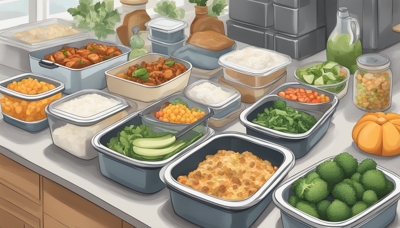 A kitchen counter with a variety of pre-prepared, portioned, and labeled freezer-friendly meals in containers, surrounded by fresh ingredients and cooking utensils