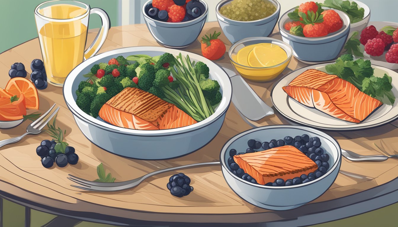 A dinner table set with diabetes-friendly meal options: grilled salmon, steamed vegetables, and a side of quinoa. A glass of water and a bowl of mixed berries complete the scene