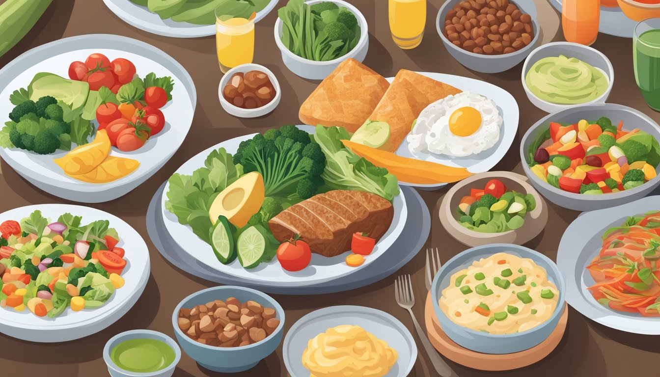 A table set with a colorful array of diabetes-friendly meal options, including lean proteins, vegetables, and healthy fats