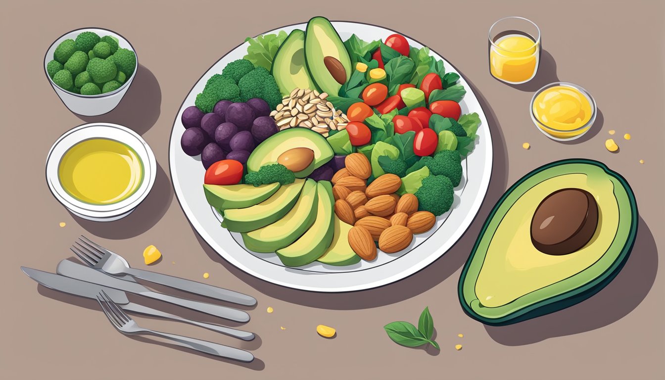 A dinner plate with a balanced meal featuring diabetes-friendly fats, including avocado, nuts, and olive oil alongside lean protein and colorful vegetables