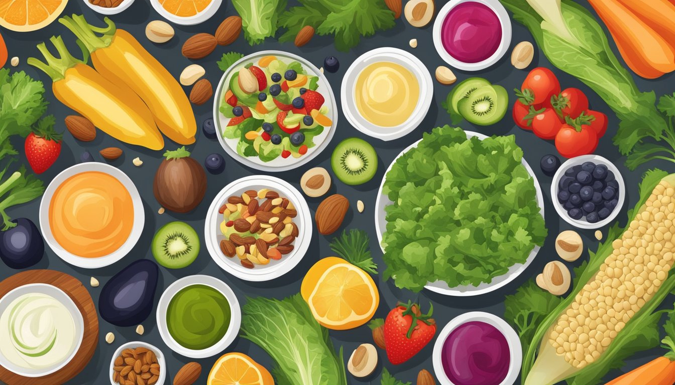 A colorful array of fresh vegetables, fruits, and nuts arranged on a plate, with a variety of salad dressings in small bowls nearby