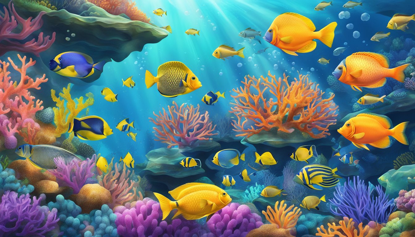 A colorful underwater scene with various types of fish swimming among vibrant coral reefs, depicting the importance of omega-3s in seafood for glucose regulation