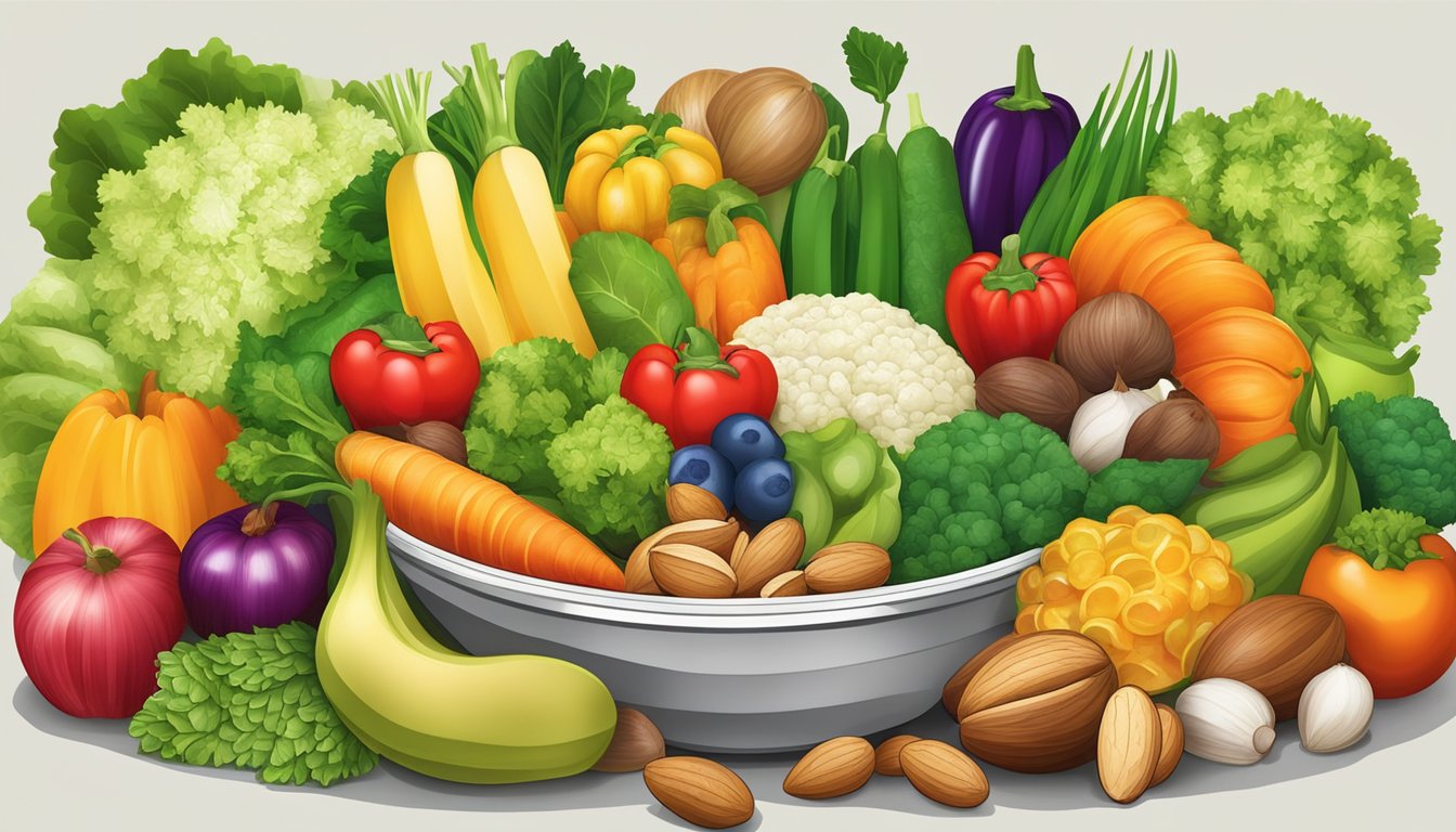 A colorful array of fresh vegetables, fruits, and nuts arranged in a balanced salad bowl, with a variety of textures and colors