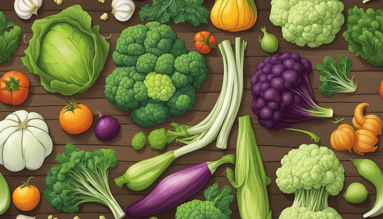 A colorful array of lesser-known vegetables, including kohlrabi, chayote, and romanesco, arranged on a rustic wooden table