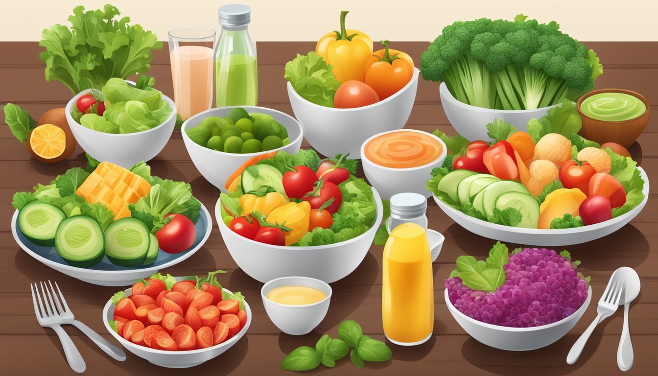 A colorful array of fresh vegetables, fruits, and lean proteins arranged on a plate, with a variety of salad dressings in small bowls on the side