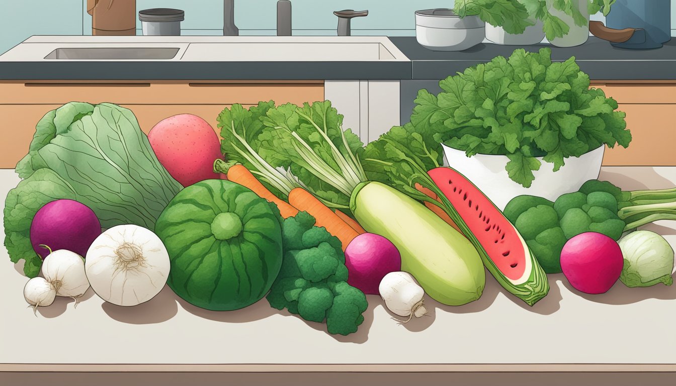 A colorful array of lesser-known vegetables arranged on a kitchen counter, including kohlrabi, jicama, and watermelon radishes