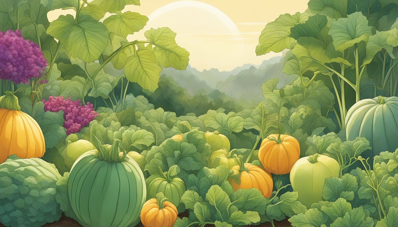 A garden filled with colorful, lesser-known produce like bitter melon, kohlrabi, and jicama, all thriving in the warm sunlight