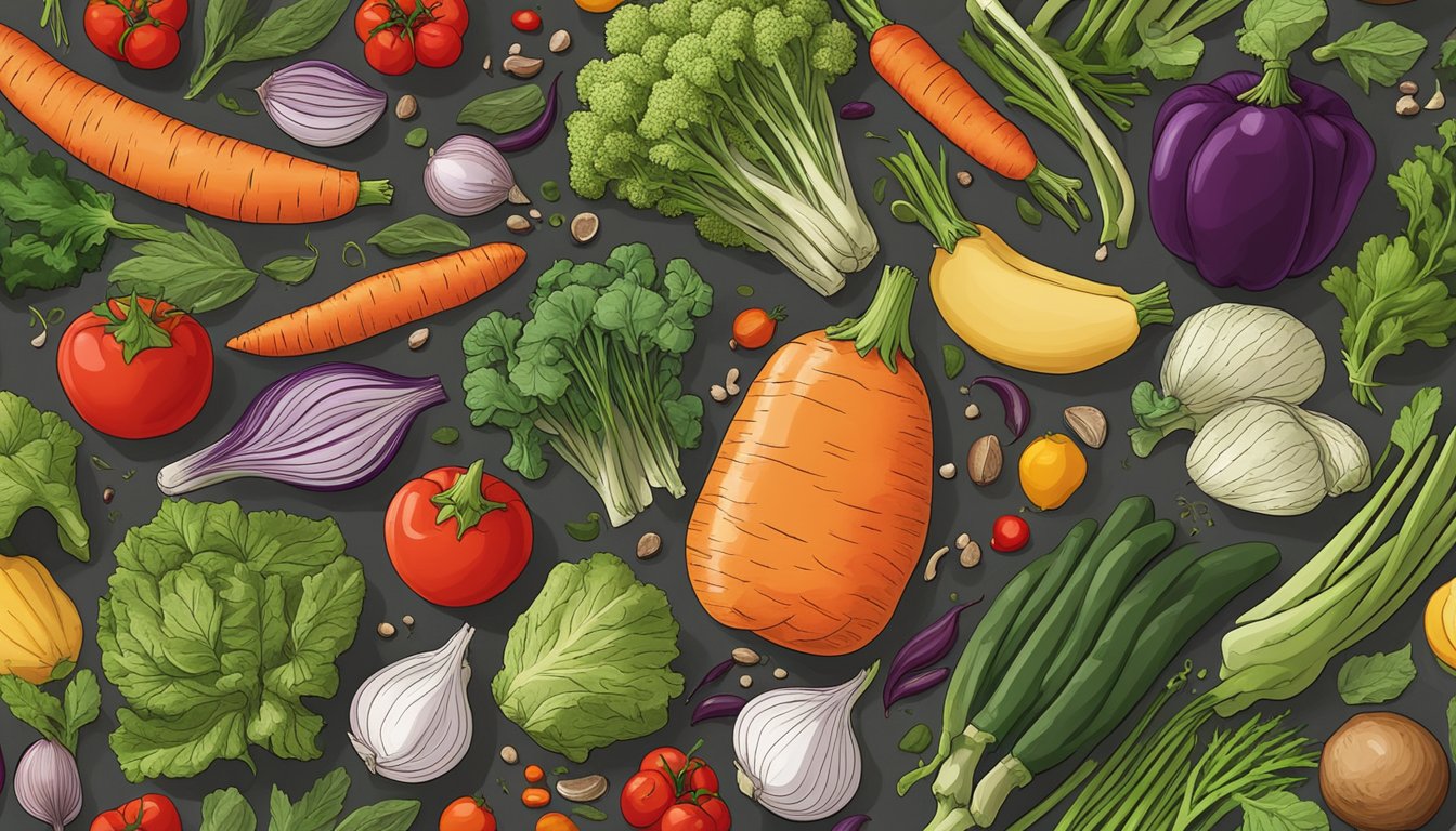 A colorful array of lesser-known vegetables arranged on a cutting board, surrounded by fresh herbs and spices