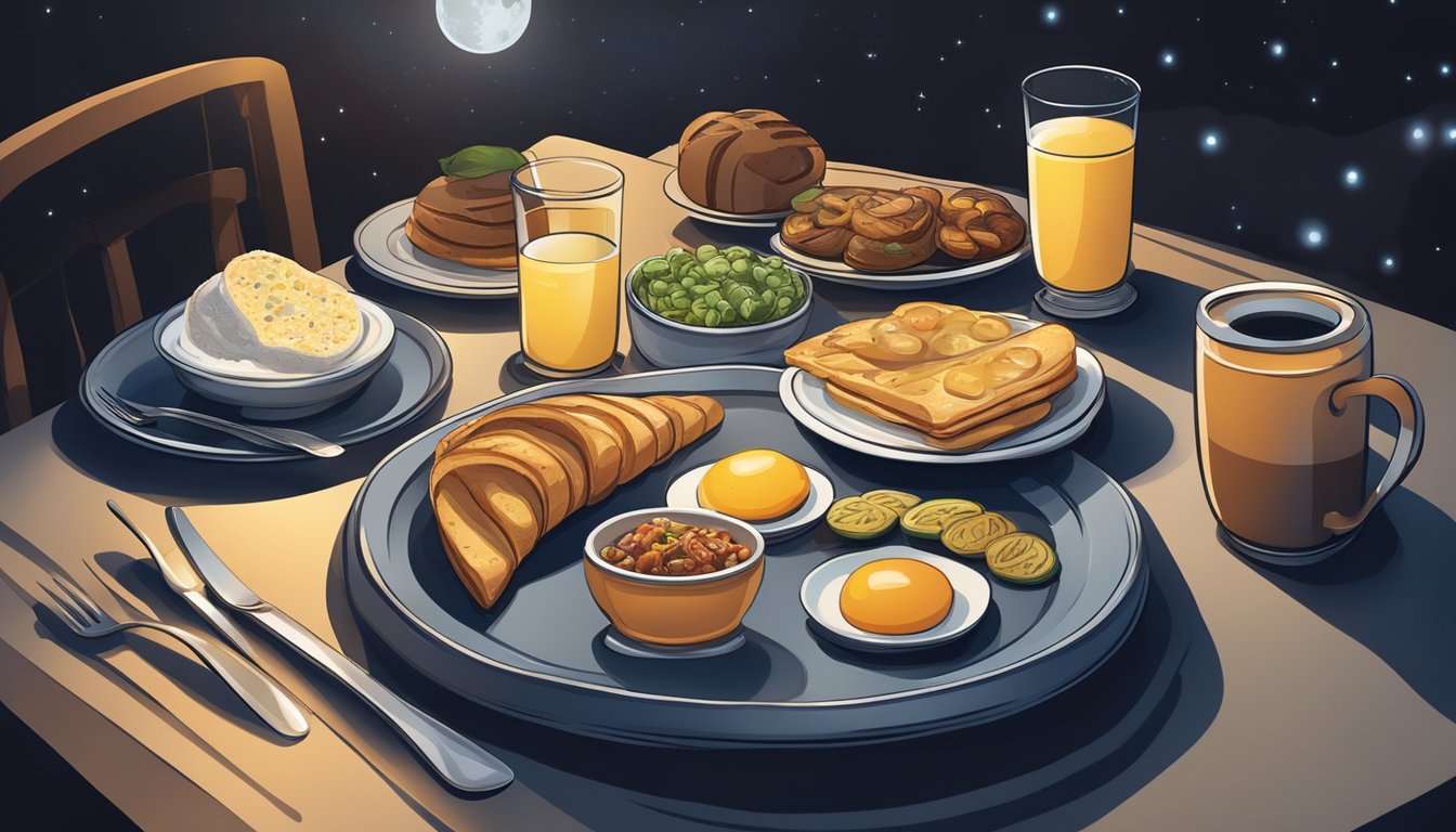 A dimly lit dining table set with breakfast foods at night, surrounded by a clock showing late evening hours, with a sense of calm and relaxation in the atmosphere