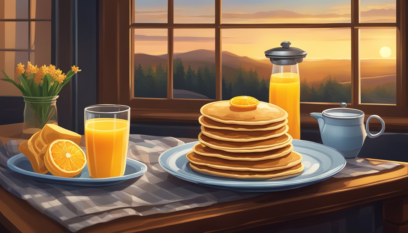 A cozy kitchen table set with a steaming plate of pancakes, a bowl of scrambled eggs, and a glass of orange juice, bathed in the warm glow of a lamp against a darkened window