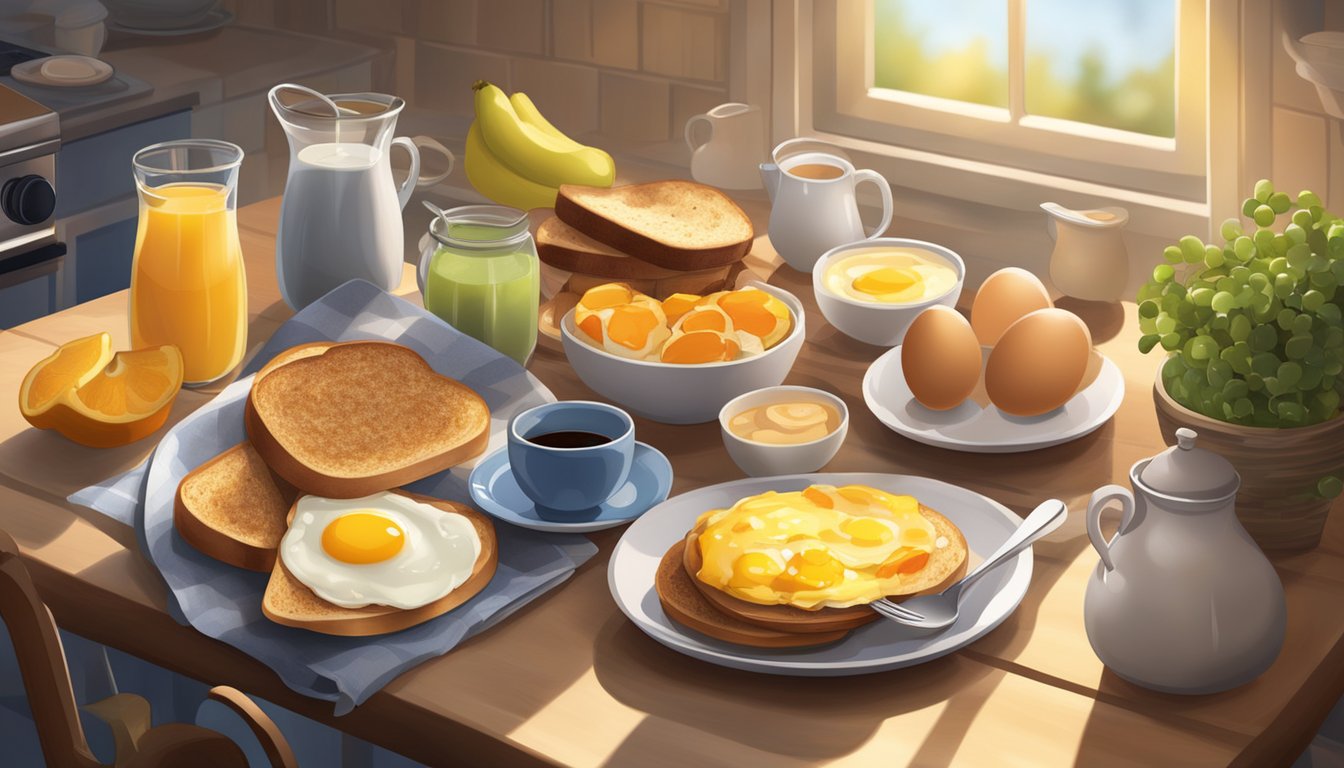 A cozy kitchen table set with a variety of breakfast foods, such as eggs, fruit, and whole grain toast, illuminated by soft evening light