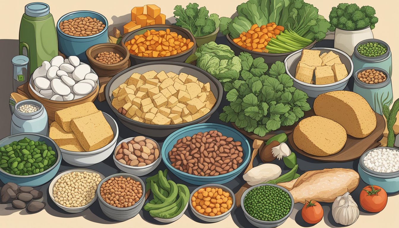 A colorful array of plant-based and animal-based protein sources, including beans, tofu, chicken, fish, and vegetables, arranged on a kitchen counter for meal planning