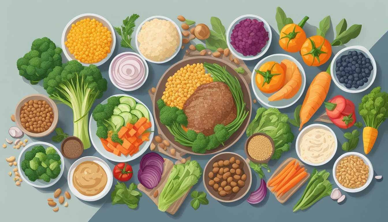 A dinner table with a variety of plant-based and animal-based protein sources, surrounded by colorful vegetables and whole grains